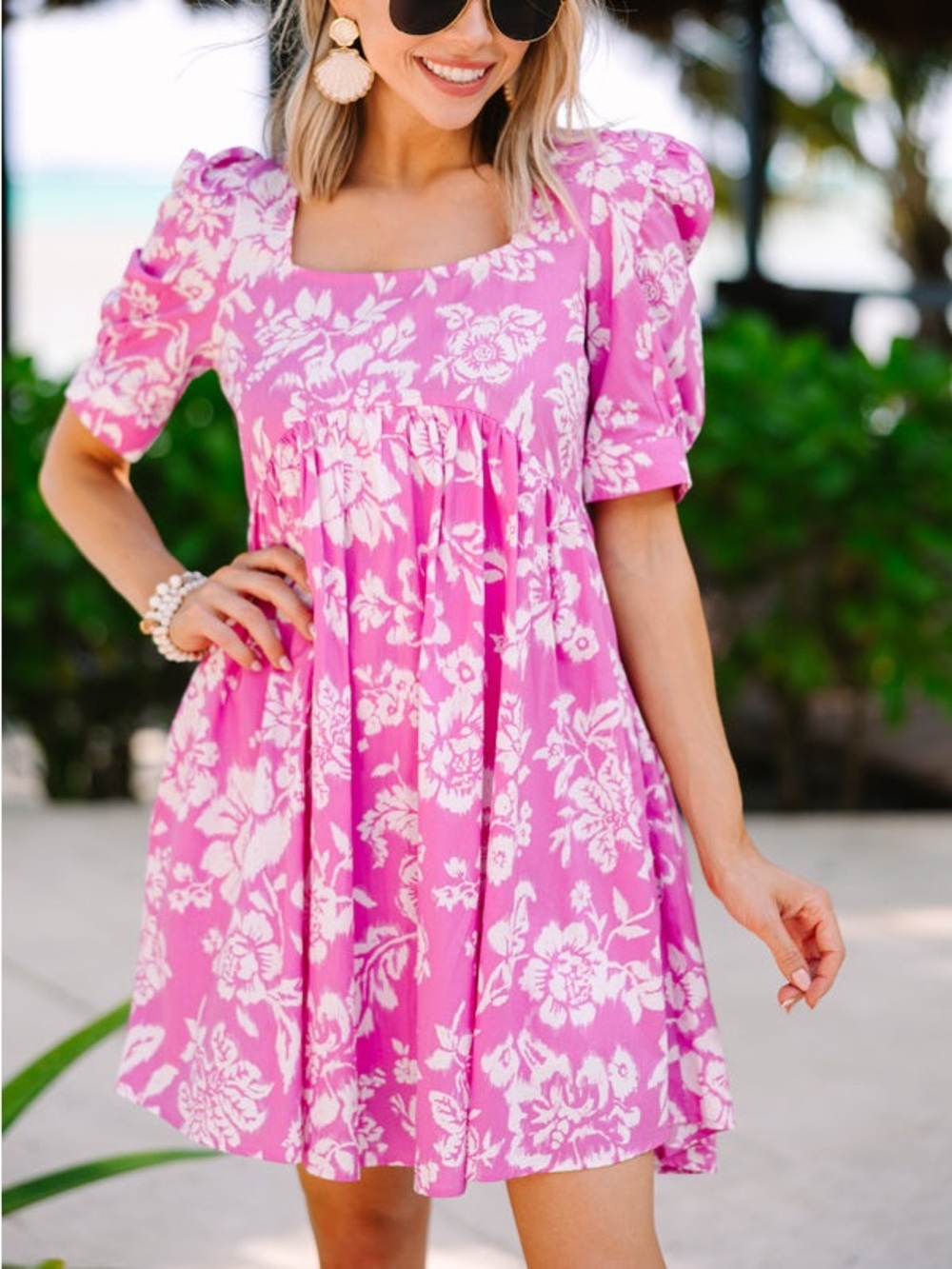 entro Pink and White Floral Square-Neck Babydoll Dress